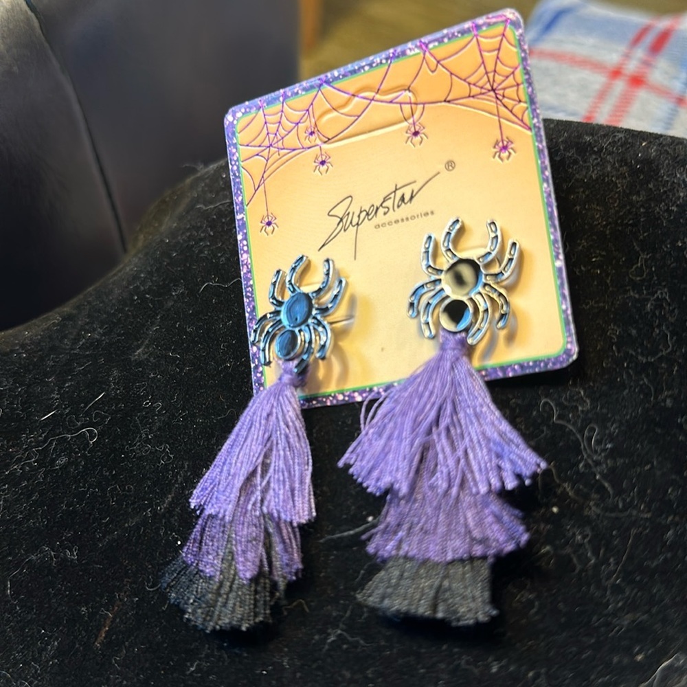 Halloween Earrings Black Spiders With Tassels Of Purple And Black. Pierc